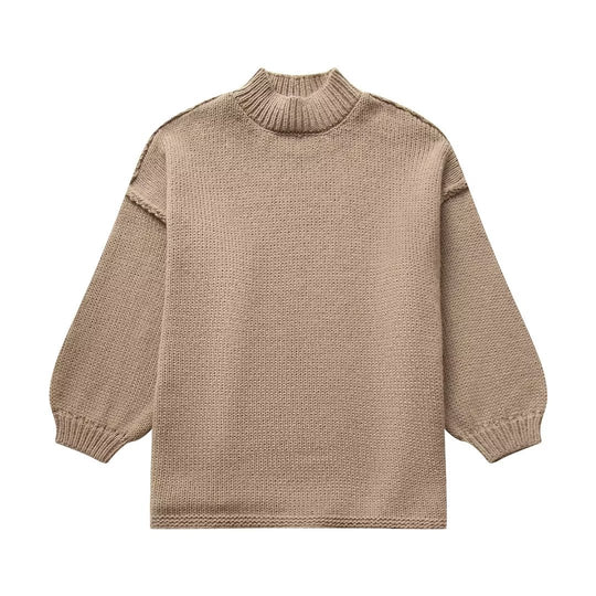 Damen Grobstrick-Pullover mit Stehkragen, überschnittenen Schultern und Ballonärmeln Nord Taschen