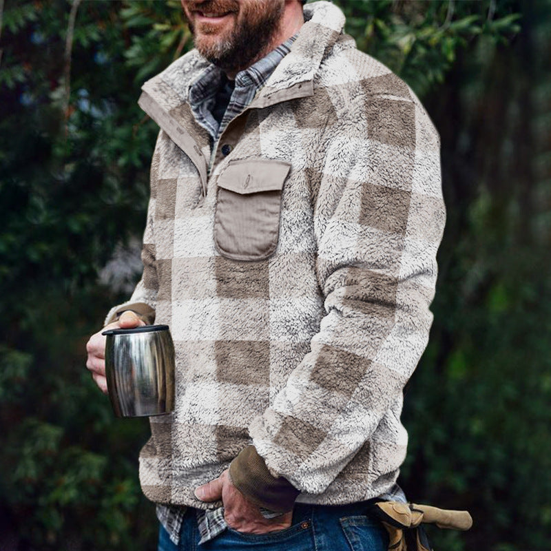 Herren Fleece-Pullover mit Karomuster und Hohem Kragen Avellé