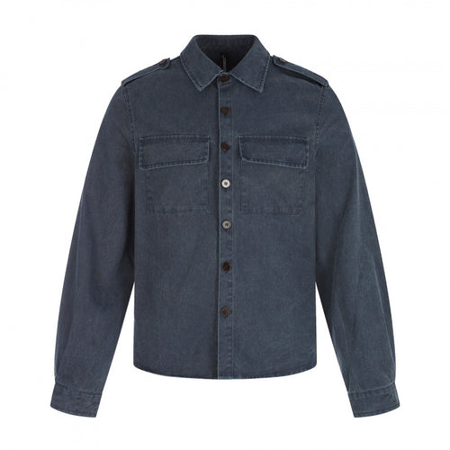Damen Kastenförmige Overshirt-Jacke aus Denim mit Schulterklappen und aufgesetzten Brusttaschen Nord Taschen