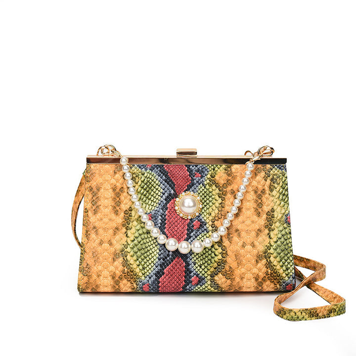 Damen elegante Abendtasche im Schlangenleder-Look mit Perlenakzent Nord Taschen