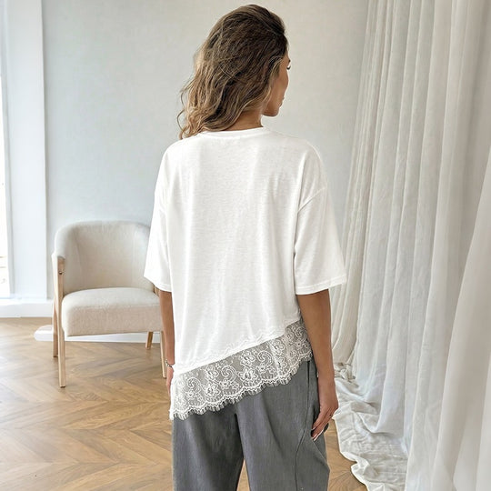 Damen Elegantes T-Shirt mit Spitzenrand Nord Taschen