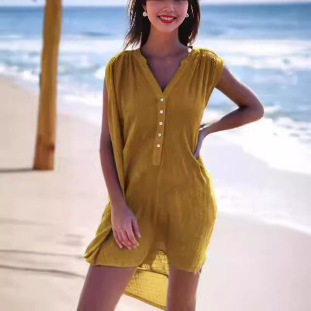 Damen Sommerliches Strandkleid mit kurzer Knopfleiste und V-Ausschnitt