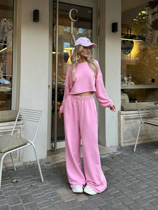 Damen Relaxed-Zweiteiler mit cropped Rundhals-Sweatshirt und extraweiter High-Waist Palazzo-Jogginghose Nord Taschen