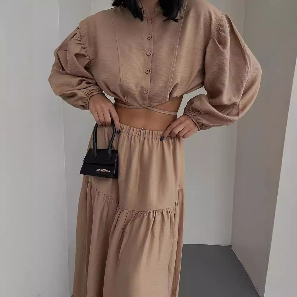 Damen Zweiteiliges Boho-Set mit Cropped-Bluse und Maxirock mit Schlitz Nord Taschen