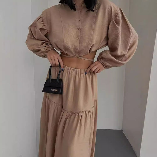 Damen Zweiteiliges Boho-Set mit Cropped-Bluse und Maxirock mit Schlitz Nord Taschen