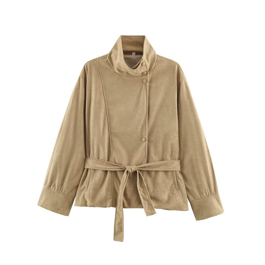 Damen Boxy-Wickeljacke in Veloursoptik mit hohem Stehkragen und Bindegürtel Nord Taschen