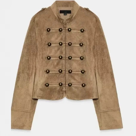 Damen Cropped Velourslederblouson im Military‑Look mit dekorativer Paradeknopfleiste Nord Taschen