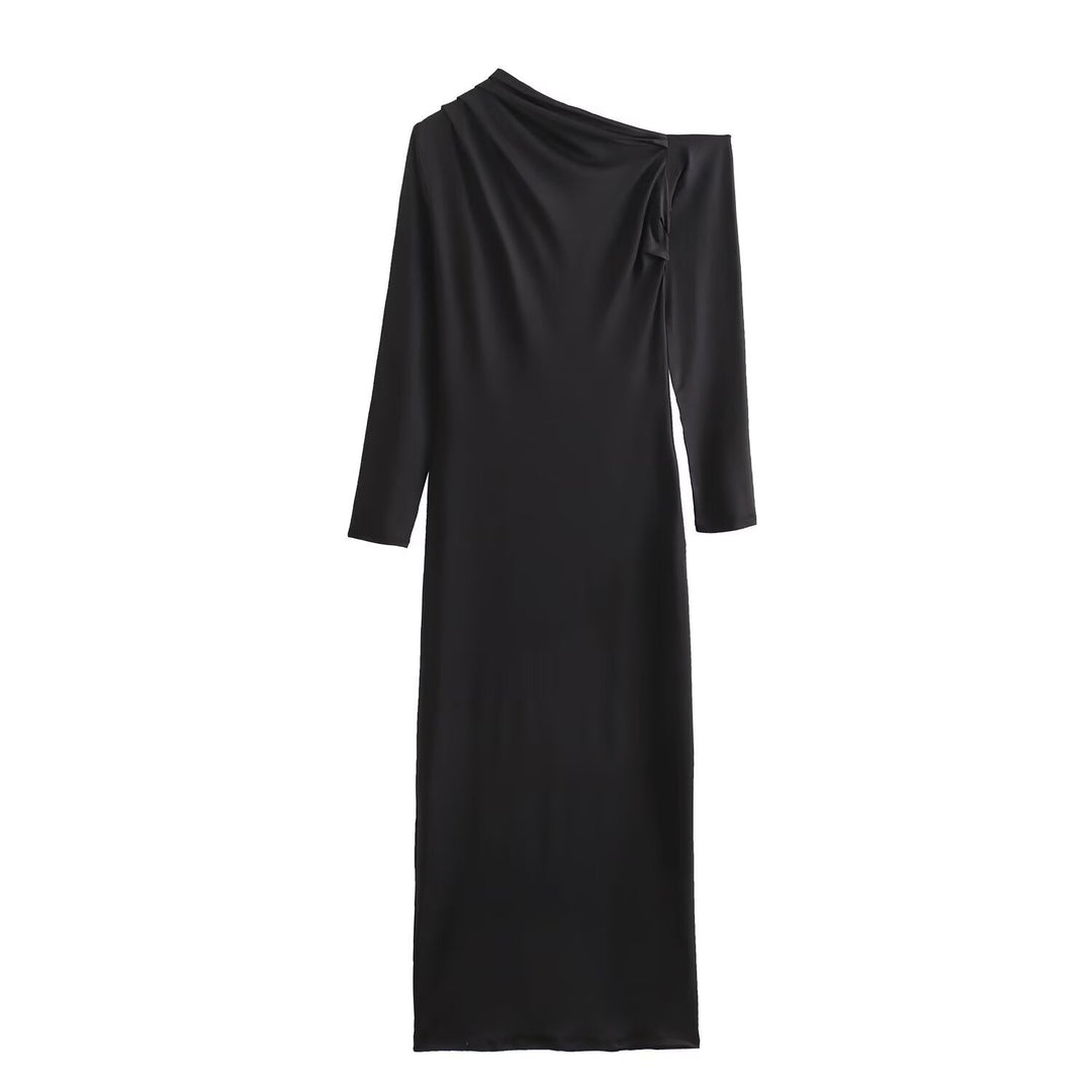 Damen Asymmetrisches One-Shoulder Maxikleid mit langem Ärmel Nord Taschen