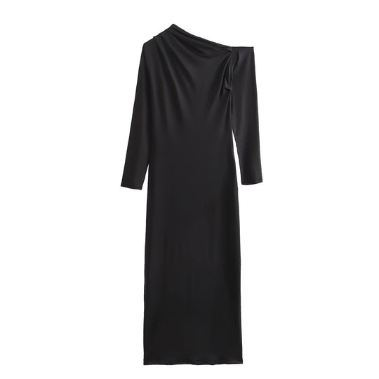 Damen Asymmetrisches One-Shoulder Maxikleid mit langem Ärmel Nord Taschen