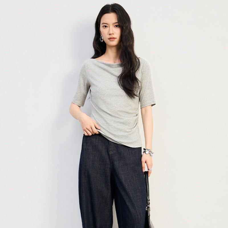 Damen Jerseytop mit U-Boot-Ausschnitt und seitlicher Raffung Nord Taschen