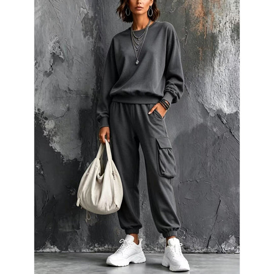 Damen Lässiges Cargo-Jogginganzug-Set mit Oversize-Sweatshirt und Cargohose Nord Taschen