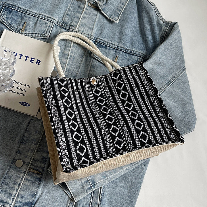 Damen Jute-Tragetasche mit buntem Muster und stabilen Baumwollgriffen Nord Taschen