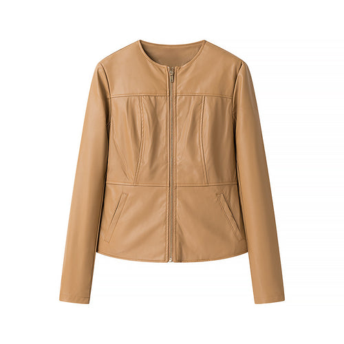 Damen Lederjacke ohne Kragen mit taillierter Passform und durchgehendem Reißverschluss Nord Taschen