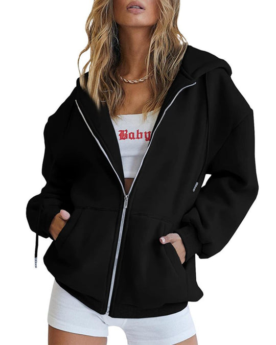 Damen Fleece-Zipjacke im Oversize-Stil mit Kapuze, Kängurutaschen und elastischem Saum Nord Taschen