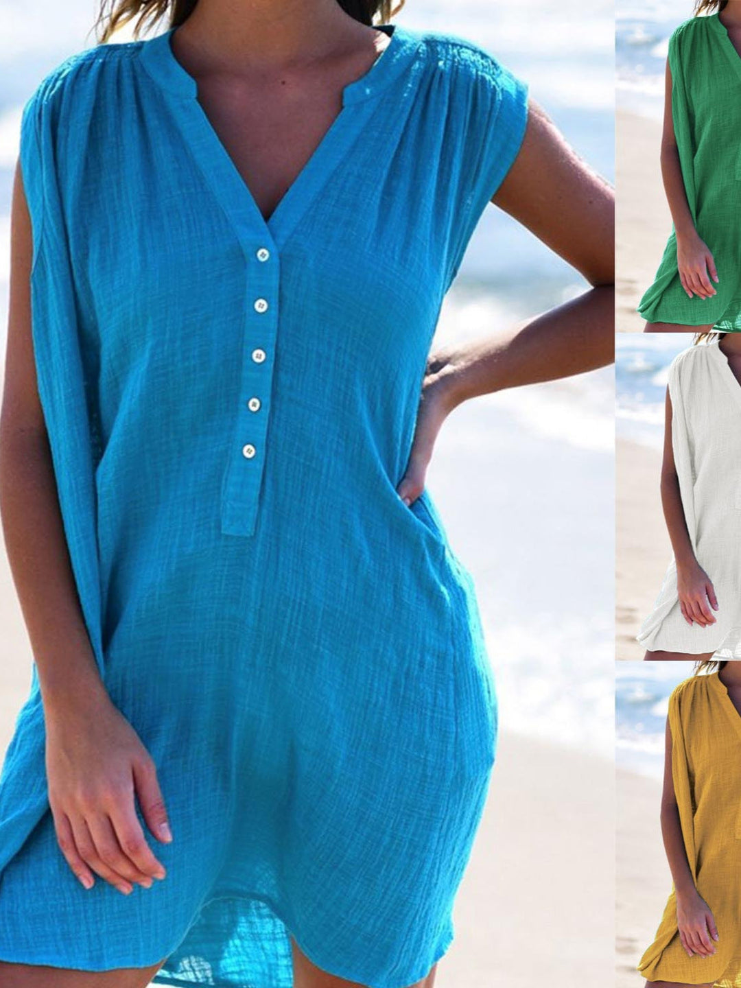 Damen Sommerliches Strandkleid mit kurzer Knopfleiste und V-Ausschnitt