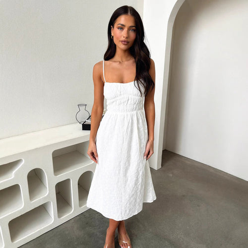 Damen Sommerliches Midi-Kleid mit verstellbaren Spaghettiträgern und Raffung Nord Taschen