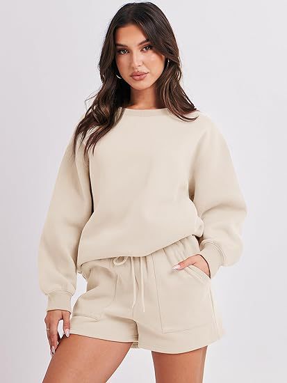 Damen Lässiges zweiteiliges Lounge-Sweatset mit Oversize-Rundhals-Sweatshirt und High-Waist-Relax-Shorts Nord Taschen