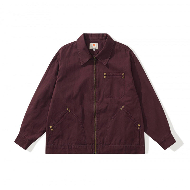 Unisex Kastenförmige Canvas-Worker-Jacke mit Frontreißverschluss und Nietapplikationen Nord Taschen