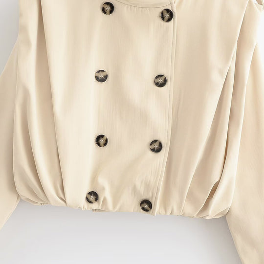 Damen Cropped Doppelreihige Trenchjacke mit Stehkragen, Schulterriegeln und elastischem Saum Nord Taschen