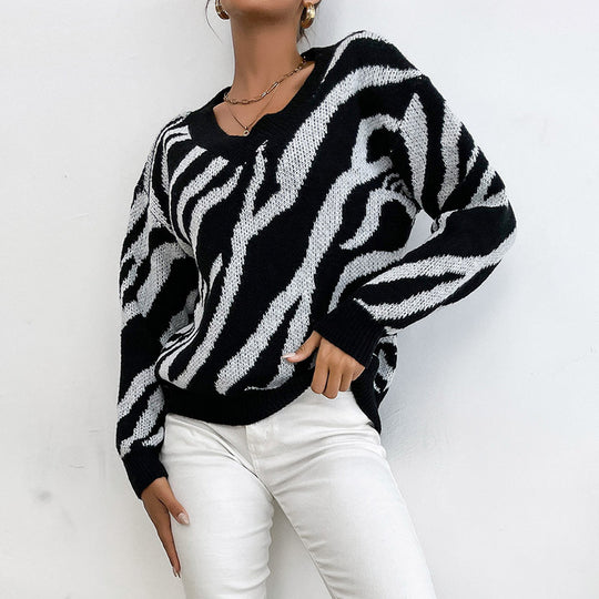 Damen Oversize V-Ausschnitt Pullover mit Zebra-Jacquard und gerippten Bündchen Nord Taschen