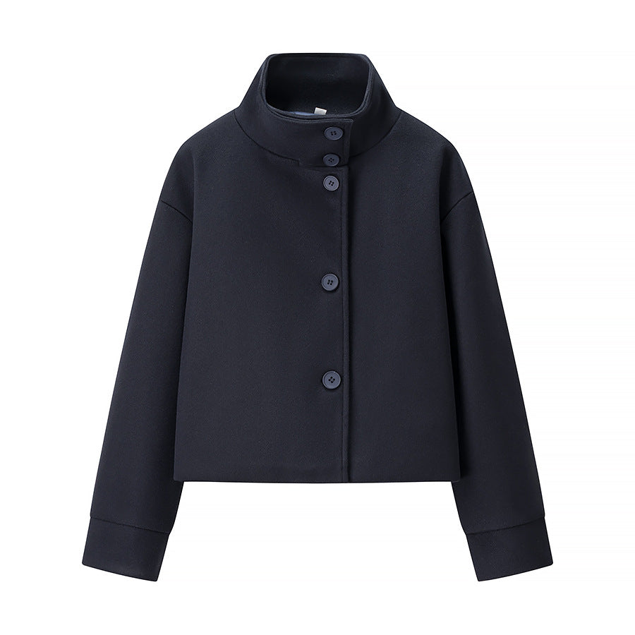 Damen 100+ kurz geschnittene Wollmix‑Boxyjacke mit Stehkragen und verdeckter Knopfleiste Nord Taschen