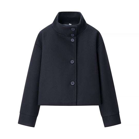 Damen 100+ kurz geschnittene Wollmix‑Boxyjacke mit Stehkragen und verdeckter Knopfleiste Nord Taschen