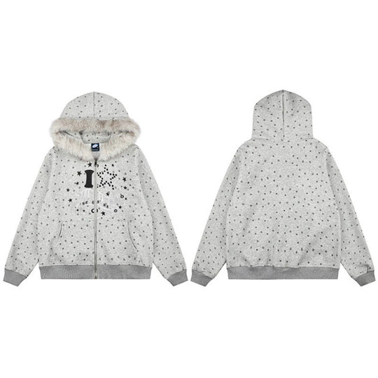 Damen Gepunktete Kapuzen-Sweatjacke mit Kunstfellbesatz, durchgehendem Reißverschluss und Kängurutaschen Nord Taschen