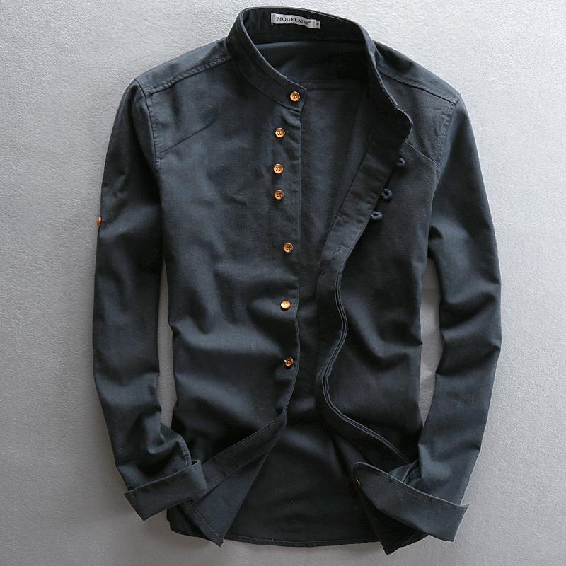Herren Leichtes Baumwoll-Leinen Overshirt mit Stehkragen und Knopfleisten-Detail Nord Taschen
