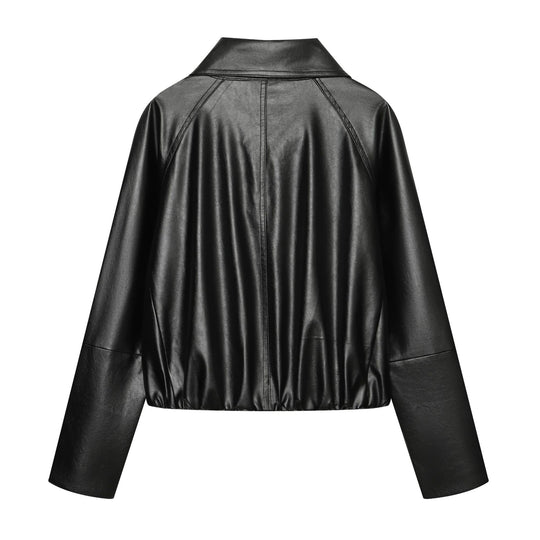 Damen Kurz geschnittener doppelreihiger Kunstlederblouson mit weitem Schalkragen Nord Taschen