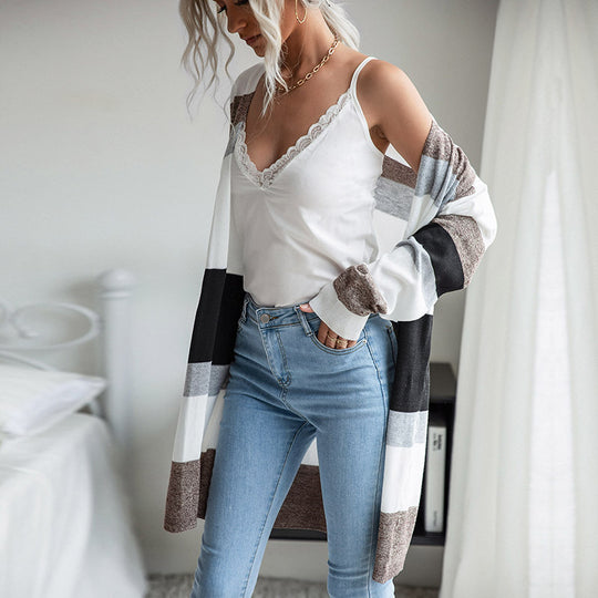 Damen Oversize Langer Strickcardigan mit Blockstreifen und offener Front Nord Taschen