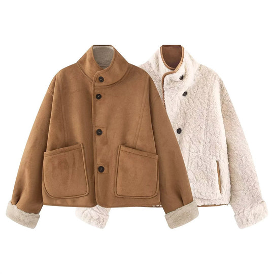 Damen Kurze Schaffelloptik-Jacke mit Stehkragen und großen aufgesetzten Taschen Nord Taschen
