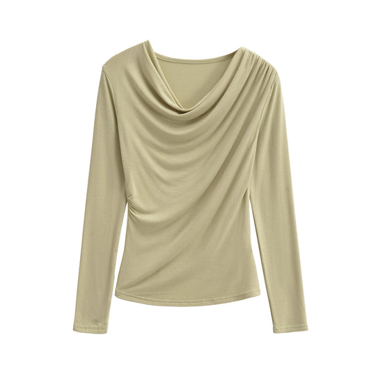 Damen Wasserfallkragen Langarmshirt mit Drapierung und taillierter Wickeloptik Nord Taschen