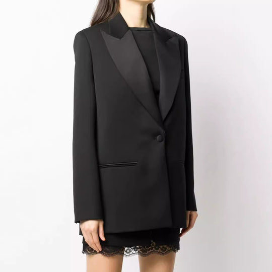 Damen Oversize Einreihiger Longblazer mit Satin-Schalkragen und cleanem Tailoring Nord Taschen