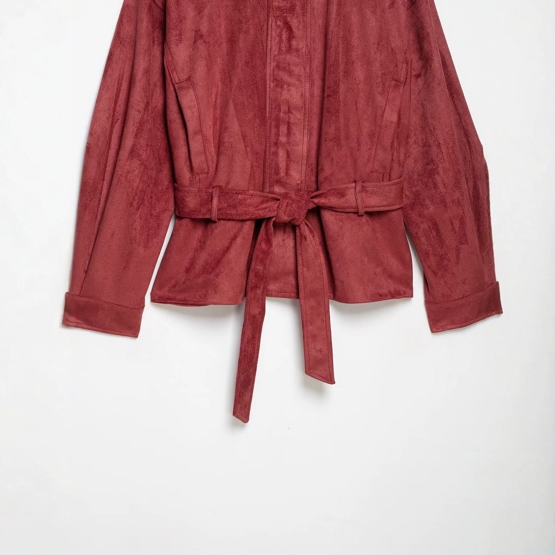 Damen Kimonoinspirierte Veloursjacke mit Bindegürtel und hohem Stehkragen Nord Taschen