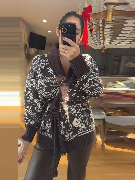 Damen Strickcardigan mit Schalkragen, Fair-Isle-Muster und Bindegürtel Nord Taschen