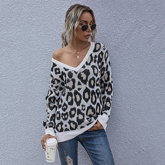Damen Grobgestrickter V-Neck Pullover mit Oversize‑Silhouette und Statement‑Leoprint Nord Taschen