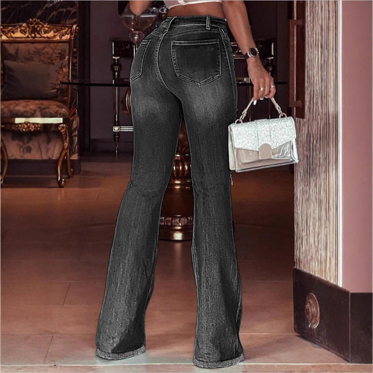 Damen Hochtaillierte Flared-Jeans mit Knie-Rissen, Fransen-Saum und ausgestelltem Bein Nord Taschen