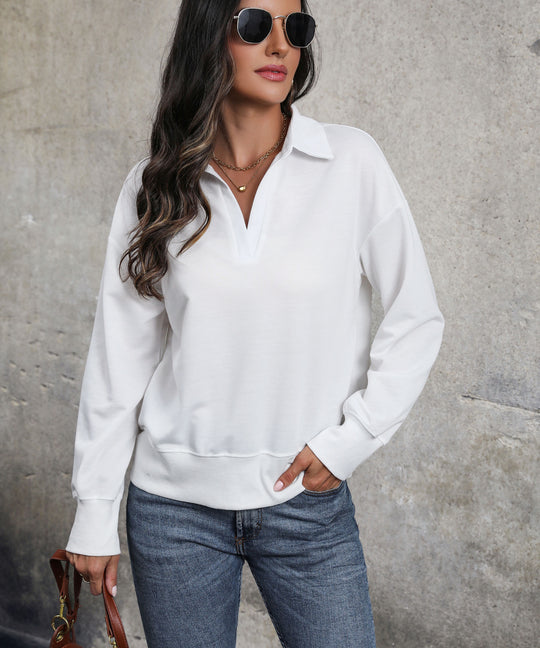Damen Lockerer Sweatshirt-Polo mit V-Ausschnitt und geripptem Saum Nord Taschen