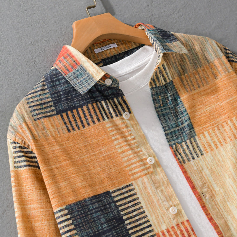 Herren Gemustertes Langarm-Hemd im Patchwork-Look aus leichtem Baumwollmix Relaxed Fit Nord Taschen