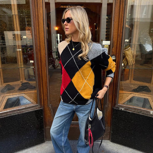 Damen Oversize Argyle-Pullover aus Mohair-Mix mit Rundhalsausschnitt und kontrastierenden Rautendetails Nord Taschen