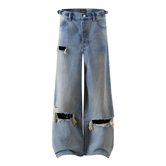 Damen Weite Distressed Denim-Palazzo-Jeans mit hohem Bund und Riss-Details Nord Taschen