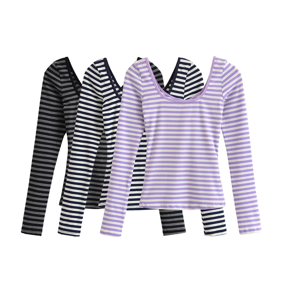 Damen Gestreiftes Langarmshirt mit tiefem Rundhalsausschnitt und Zierschleife Nord Taschen