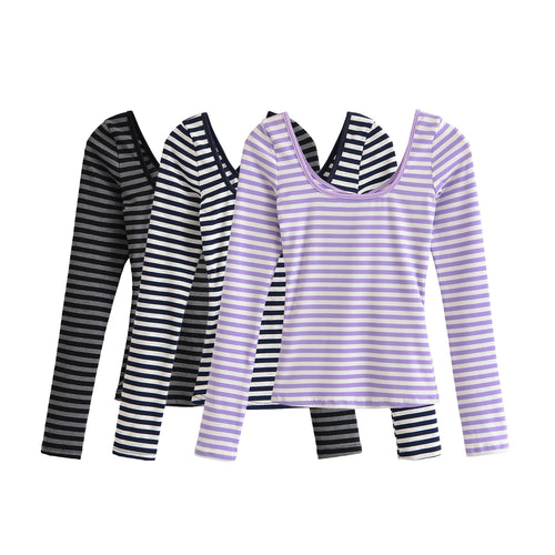 Damen Gestreiftes Langarmshirt mit tiefem Rundhalsausschnitt und Zierschleife Nord Taschen