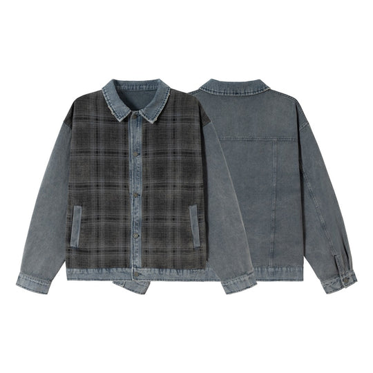 Unisex Boxy-Jeansblouson mit karierter Frontpaneel, kontrastierenden Denim-Ärmeln und Druckknopfleiste Nord Taschen