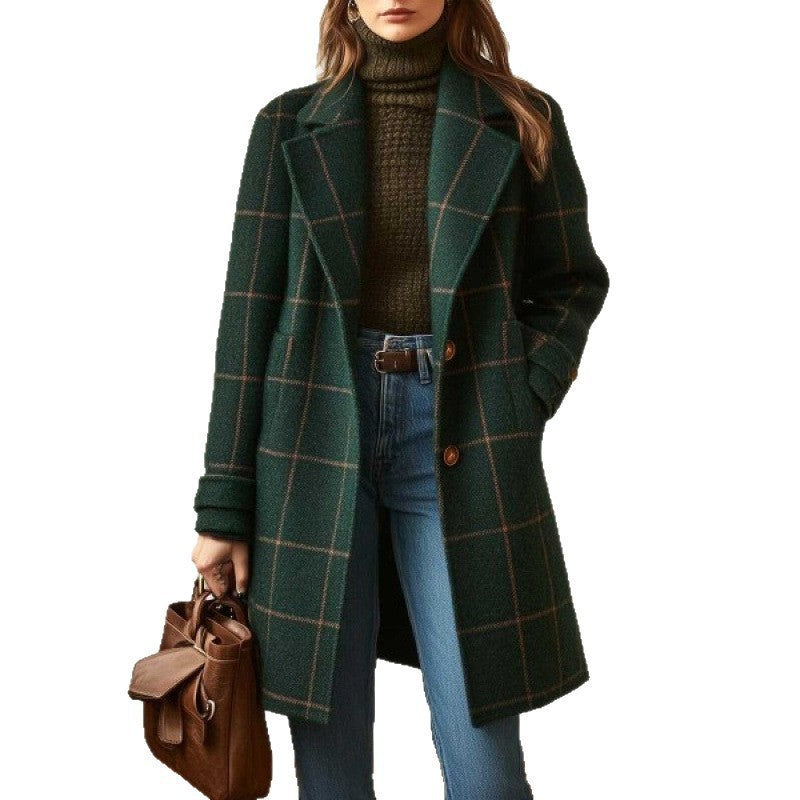 Damen Karierter Wollmix-Mantel mit Oversize-Schulter und klassischem Revers Nord Taschen
