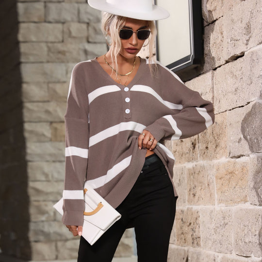 Damen Lockerer V-Ausschnitt Feinstrickpullover mit Knopfleiste und überschnittener Schulter Nord Taschen