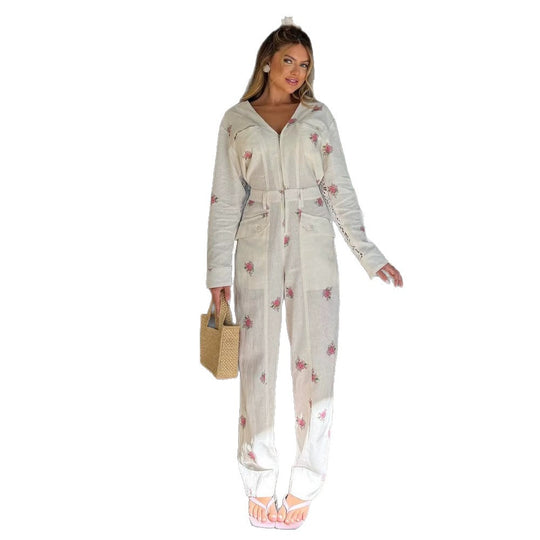 Damen Leichter langer Overall mit V-Ausschnitt, Reißverschluss, Spitzen-Einsätzen und floralem Print Nord Taschen