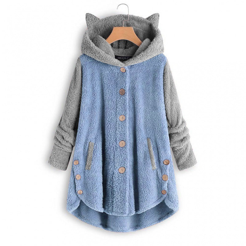 Damen Kuschelige Kapuzen‑Teddyjacke mit Katzenohren, Holzknopf‑Details und High‑Low‑Saum Nord Taschen