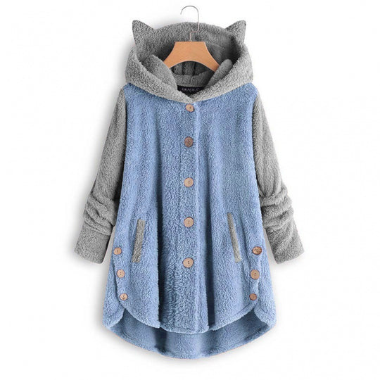 Damen Kuschelige Kapuzen‑Teddyjacke mit Katzenohren, Holzknopf‑Details und High‑Low‑Saum Nord Taschen