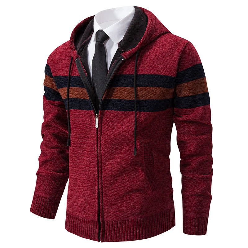 Herren Gestrickte Kapuzen-Strickjacke mit Kontraststreifen und Reißverschluss Nord Taschen